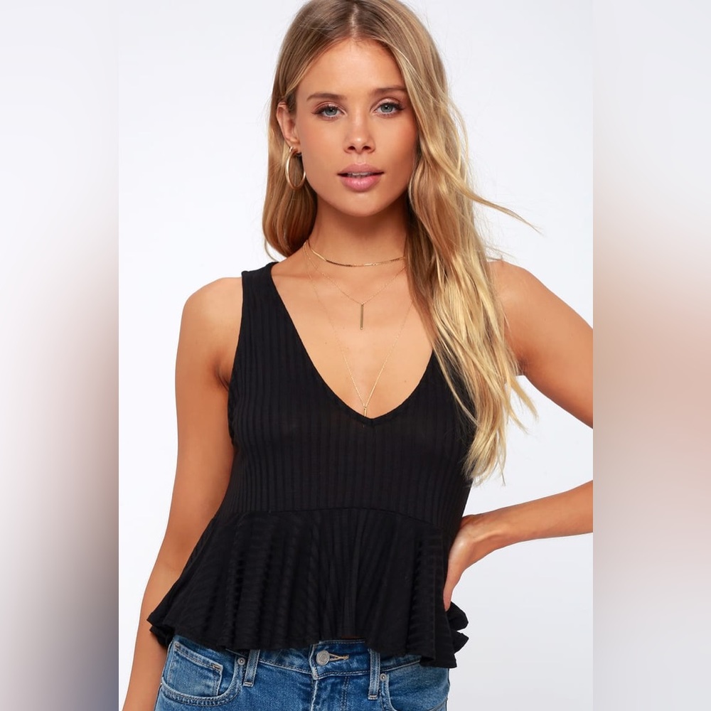 Gwynne Black Ribbed V-Neck Ruffled Cropped Tank Top | Lulus